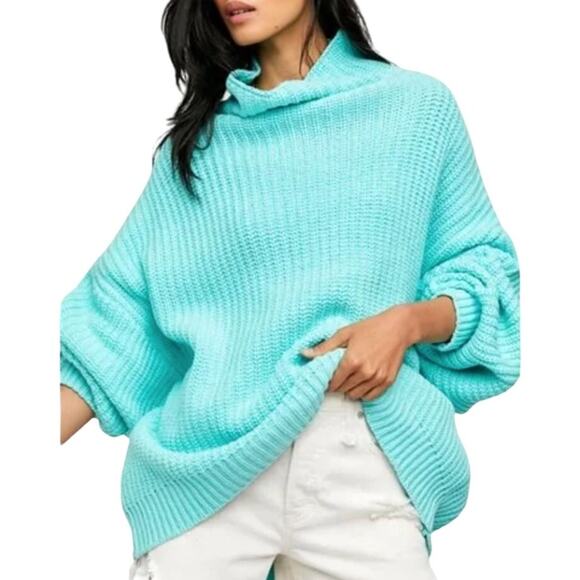 Free People S NEW Swim Too Deep Turtleneck Sweater Aqua Slouchy *flaw - Picture 1 of 13